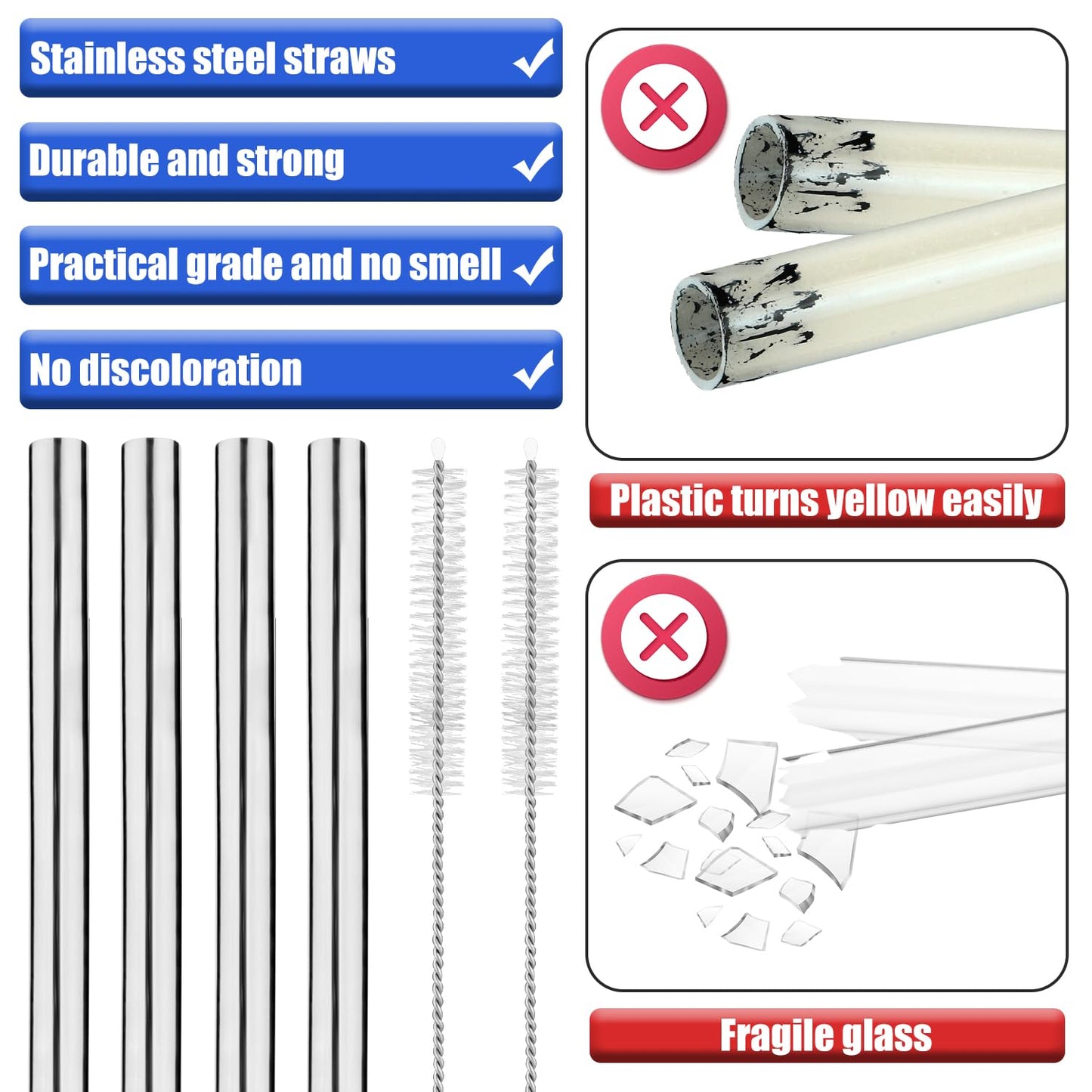 4pcs Metal Press in Straw Replacement with 2pcs Straw Brushes for Hydro Flask, Silver Stainless Steel Practical Straws Replacement Accessories Compatible with Hydroflask Wide Mouth Water Bottle 64oz