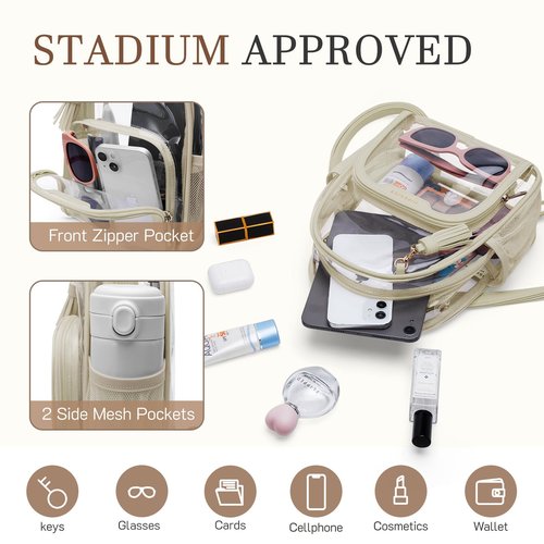 Missnine Small Clear Backpack Stadium Approved, Thick PVC Mini Clear Bag with Leather Trim for Sports Event, Concert, Festival, Khaki