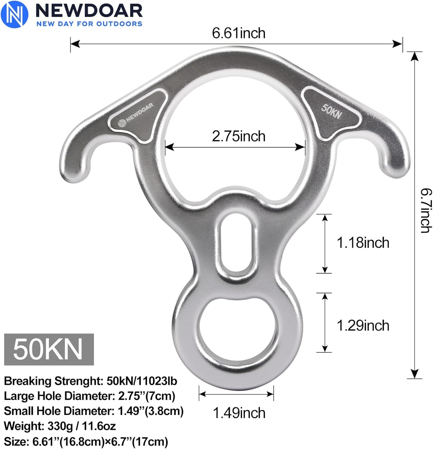 NewDoar 50KN 11000 LBF Rescue Figure,8 Descender Large Bent-Ear Belaying and Rappelling Gear Belay Device for Rock Climbing, Aerial Dance,Ziplining and Peak Rescue 7075 Aluminum Alloy