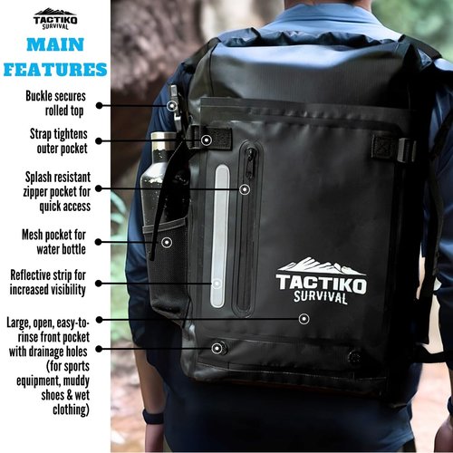 Tactiko Survival 30L Heavy-Duty 100% Waterproof Backpack - Equipment Pocket, Carabiner - Roll Top Floating Dry Bags (Jet Black)
