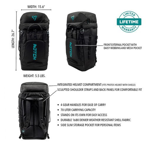 Notch Hauler Free-Standing Backpack 70 Liter Carrying Capacity, Integrated Helmet Compartment, 4 Gear Handles, Sculpted Shoulder Straps, Weather-Resistant 1680 Denier Fabric (99715)
