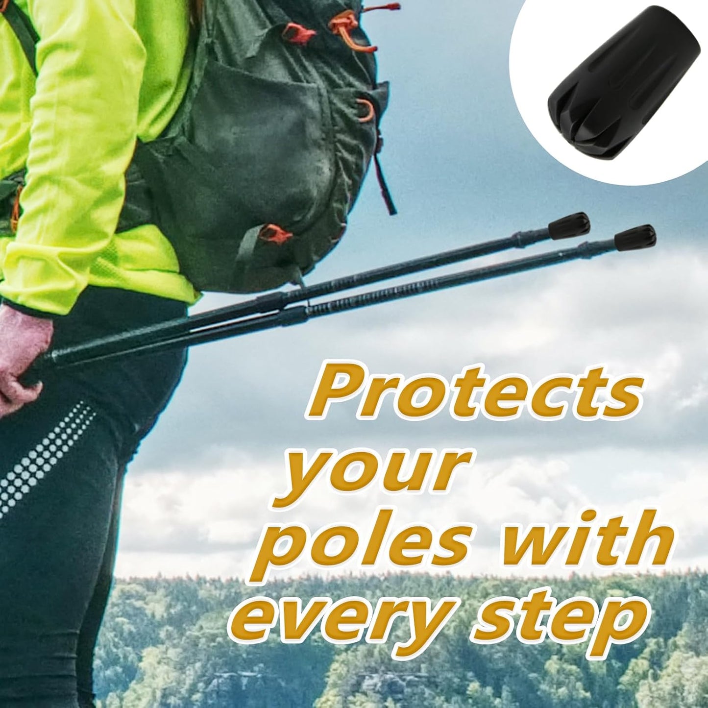 Jakuva Black Rubber Diamonds Trekking Pole Replacement Tip Protectors - Fits Most Standard Hiking Poles - Shock Absorbing, Adds Grip and Stability