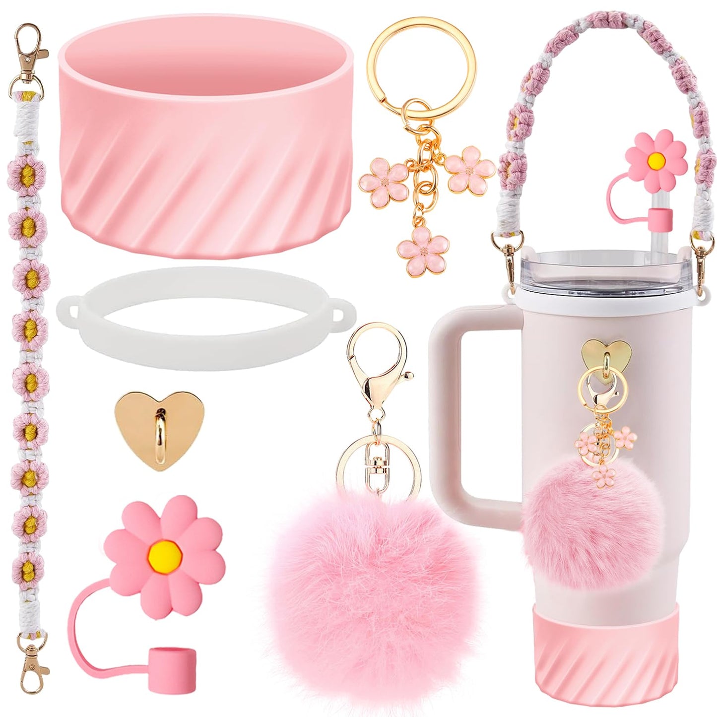 7PCS Accessories Set for Stanley Cup 40 oz 30oz, Including Protective Silicone Boot, Water Bottle Handle Strap, Keychain Charm, Heart Hook, Straw Cover Cap for Stanley Cup Accessories (Pink)