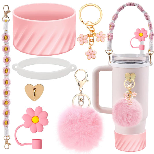 7PCS Accessories Set for Stanley Cup 40 oz 30oz, Including Protective Silicone Boot, Water Bottle Handle Strap, Keychain Charm, Heart Hook, Straw Cover Cap for Stanley Cup Accessories (Pink)