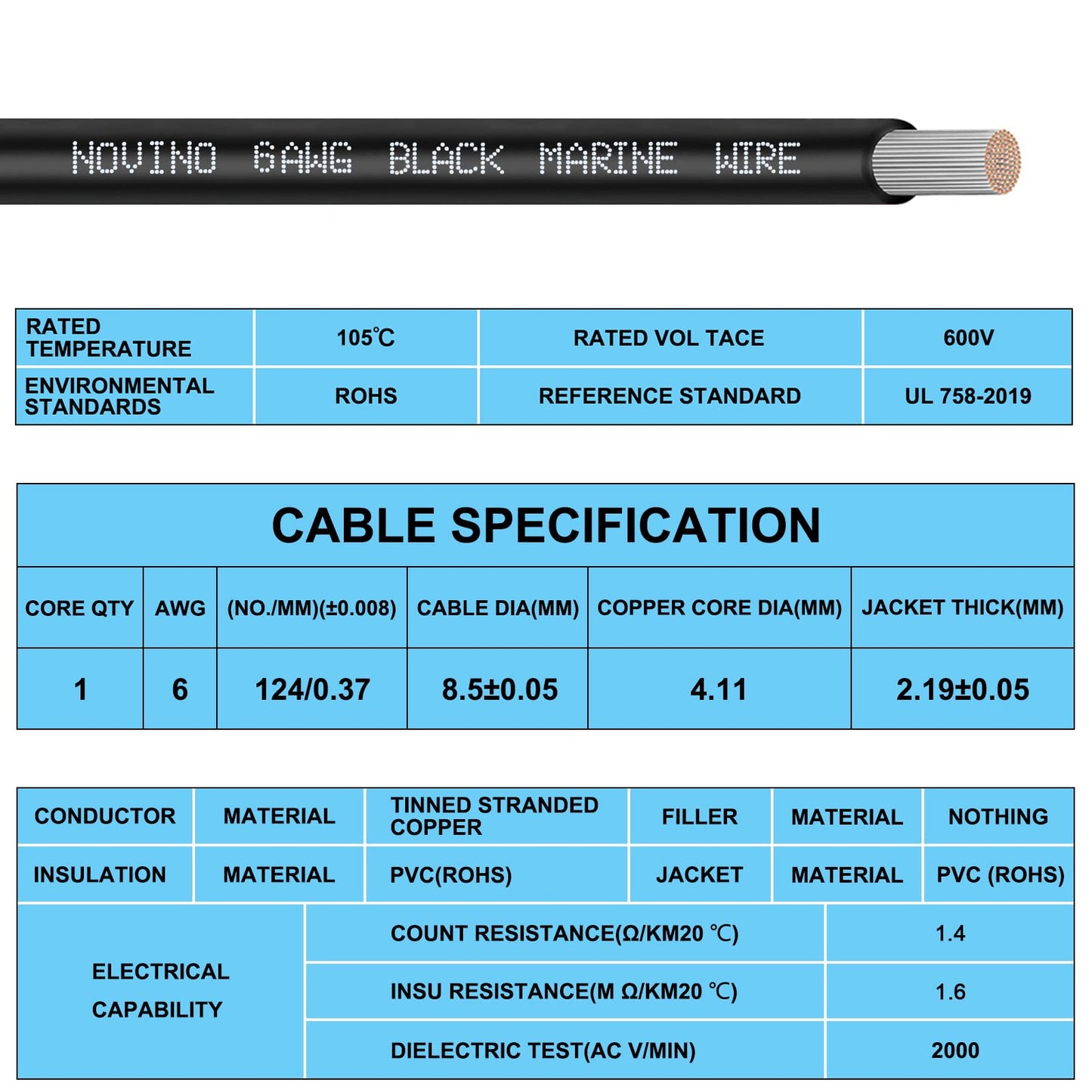 6 Gauge Marine Battery Cable,600V 6 AWG 25ft Tinned Copper Battery Cable for Boat Wiring Marine Automotive RV Camper Trailer Car Truck Motorcycle Kubota Tractor