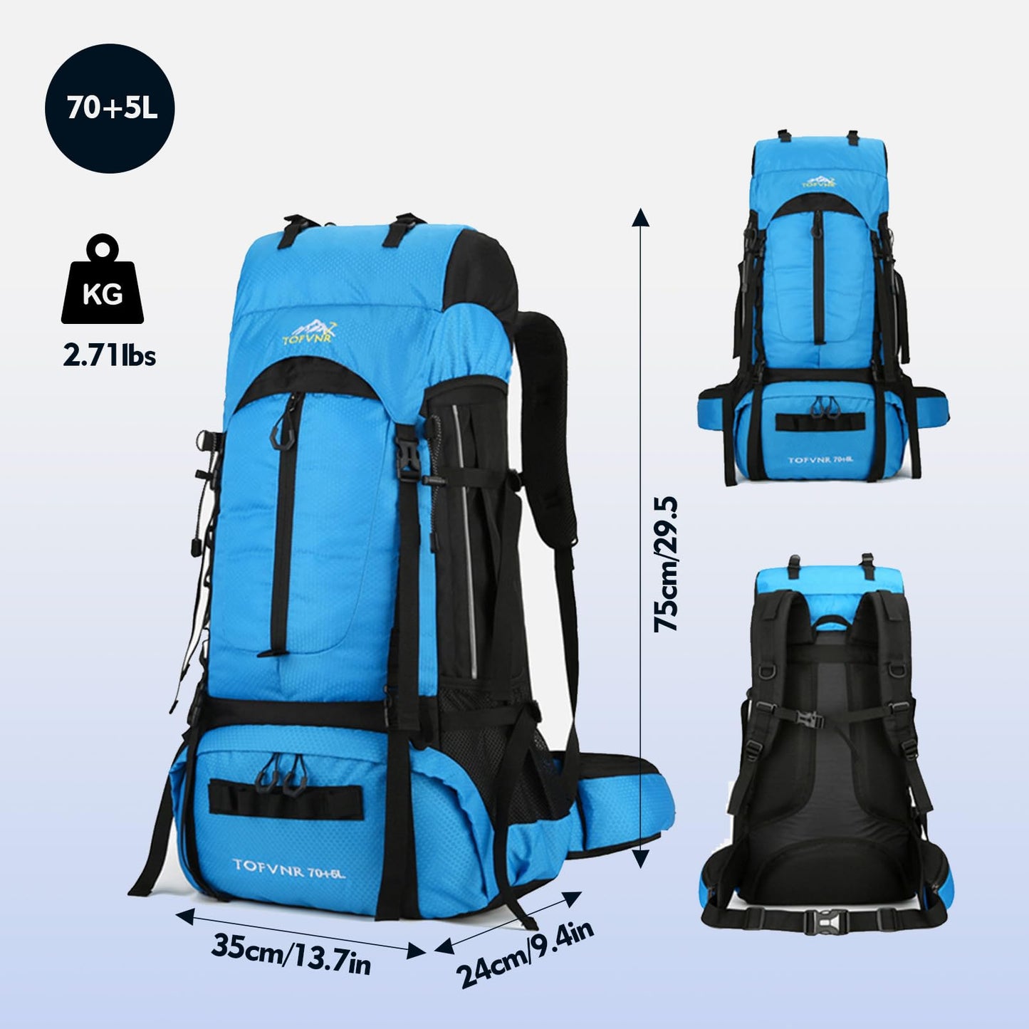 75L Hiking Backpack, Water Resistant Lightweight Outdoor Sport Daypack Travel Bag for Camping Climbing Touring (Light Blue)