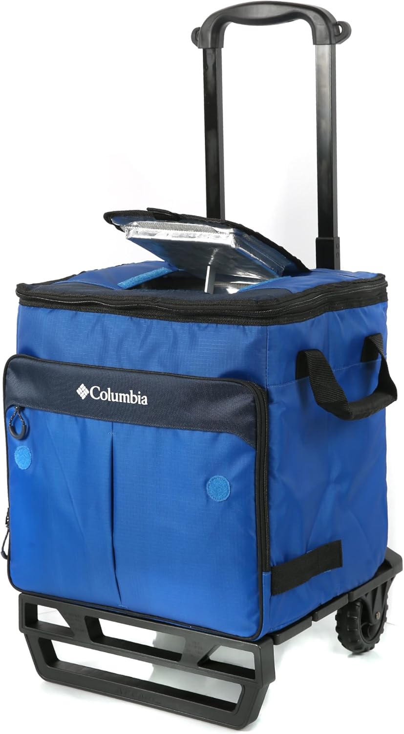 Columbia Crater Peak Wheeled Cooler - 50 Can Rolling Cooler - Blue Collapsible Cooler with Super Foam Insulation and Foldable All-Terrain Cart with Wheels