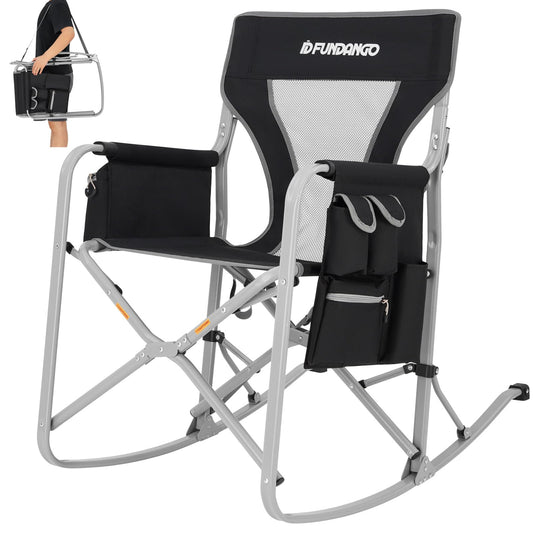FUNDANGO Rocking Camping Chair for Adults, Oversized Portable Rocking Chair Outdoor Folding with Cooler and Side Pocket for Outside, Backyard, Patio, Lawn, Garden (Black/Grey)
