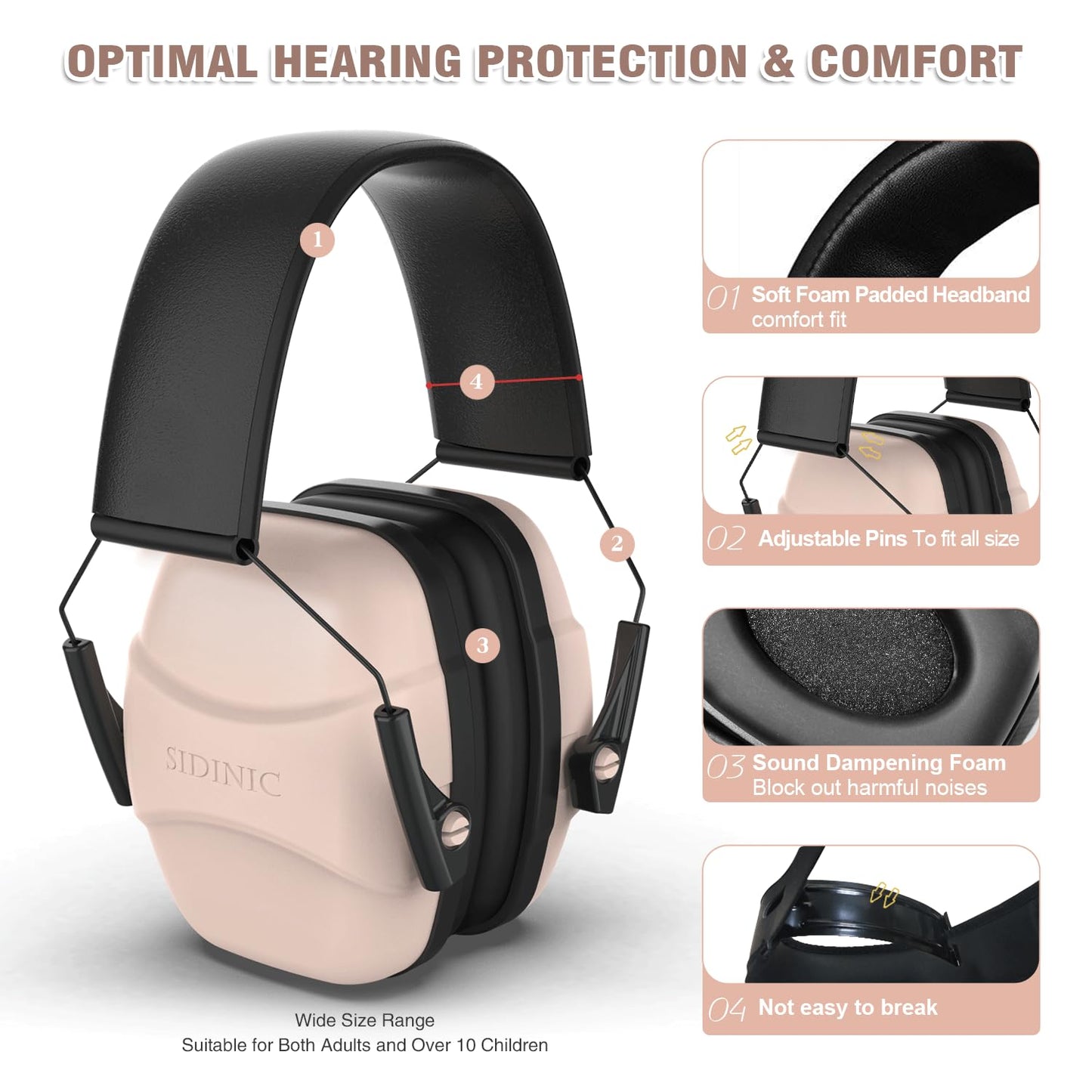 ucho 34dB Slim Noise Shooting Ear Protection - Special Designed Ear Muffs Lighter Weight & Maximum Hearing Protection (Pink)