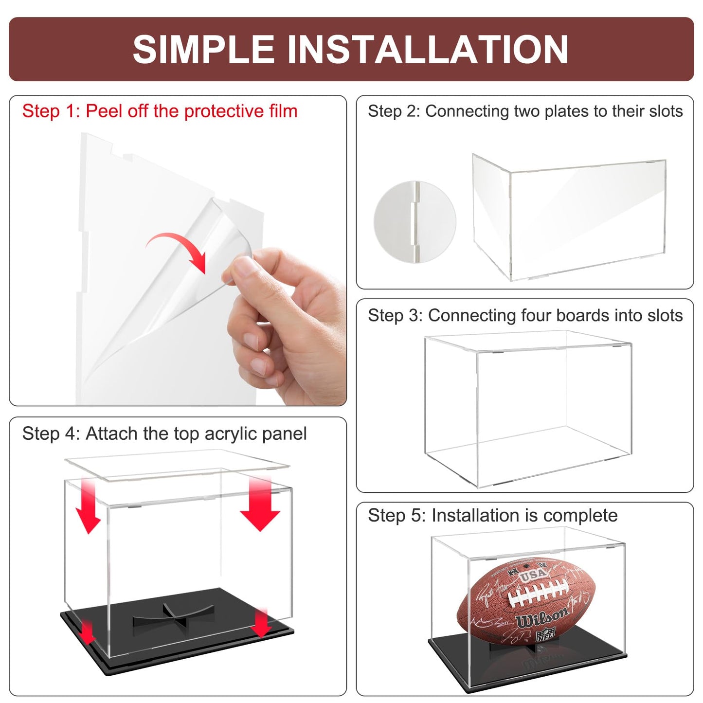 Football Display Case:Clear Acrylic Football Display Cases,Dust and UV Protection Acrylic Display Box with Removable Football Stand for Signed Football Sports Collectibles Memorabilia Display