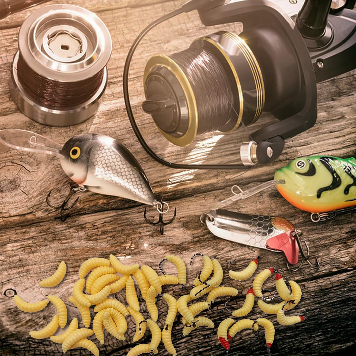 50 Pcs Rubber Maggots Fishing Bait, 20 Pcs Fishing Bait with Hooks + 30p Soft Maggot Bait Bread Worm, Fish Lures Worms Bulk Fishing Grubs for Trout, Crappie, Pan Fish, Bluegill, Fishing Lure Set