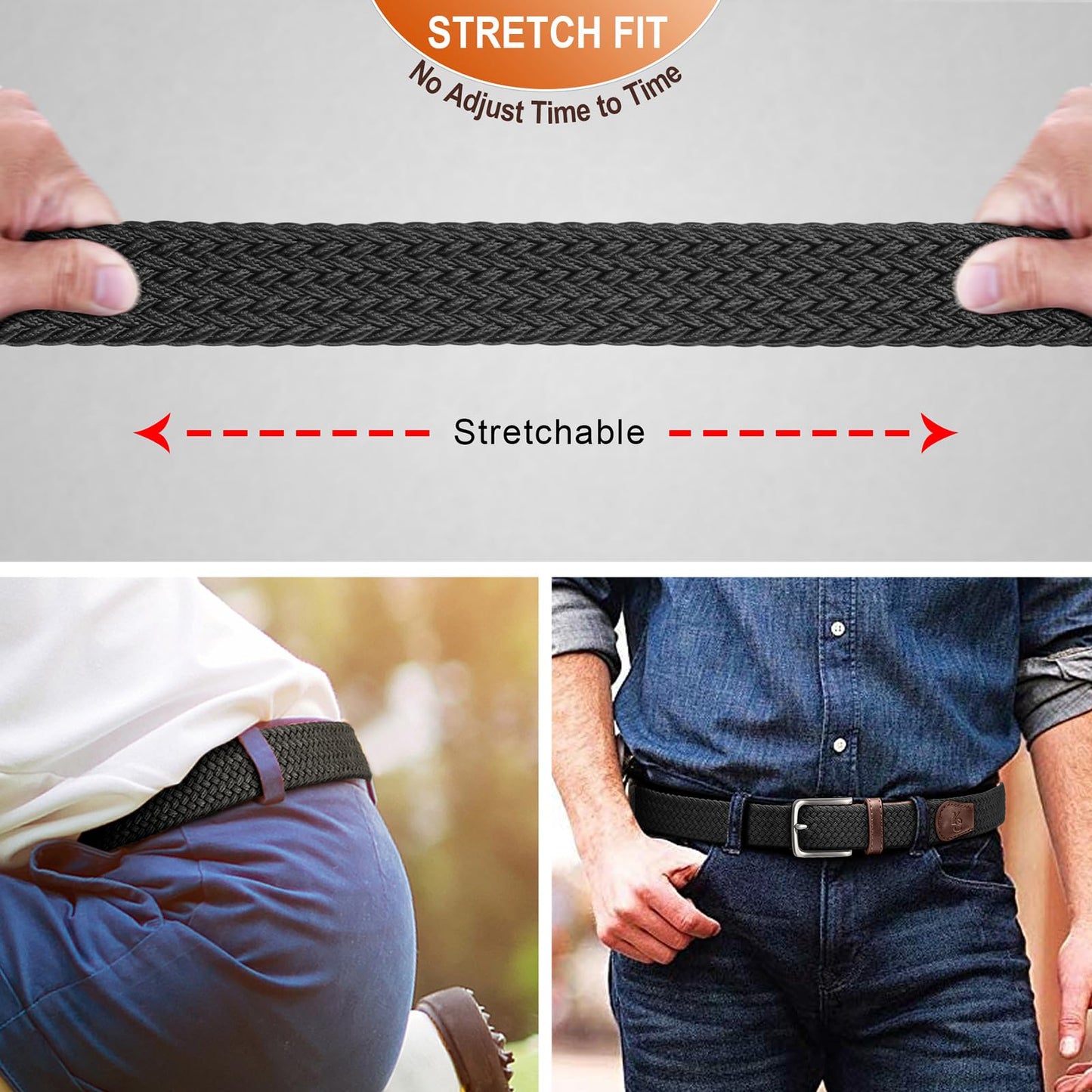 KEMISANT Men's Golf Belt Nulti-pack, Braided Woven Stretch Belt for Gift Men Casual Jeans Sports Work 1 3/8"(Black/Beige,30"-34" Waist Adjustable)
