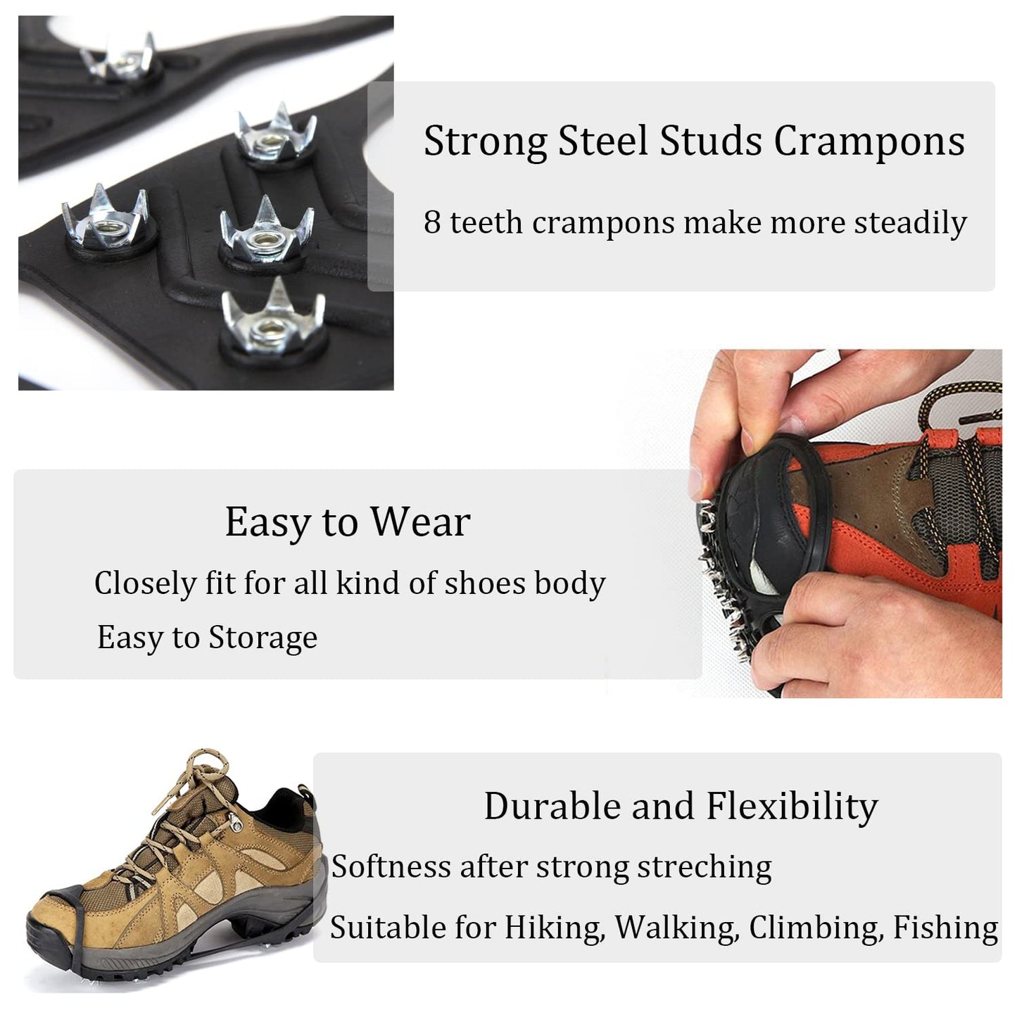 4Pair Universal Non Slip Ice Gripper Spikes, Durable Ice Snow Grips for Shoes