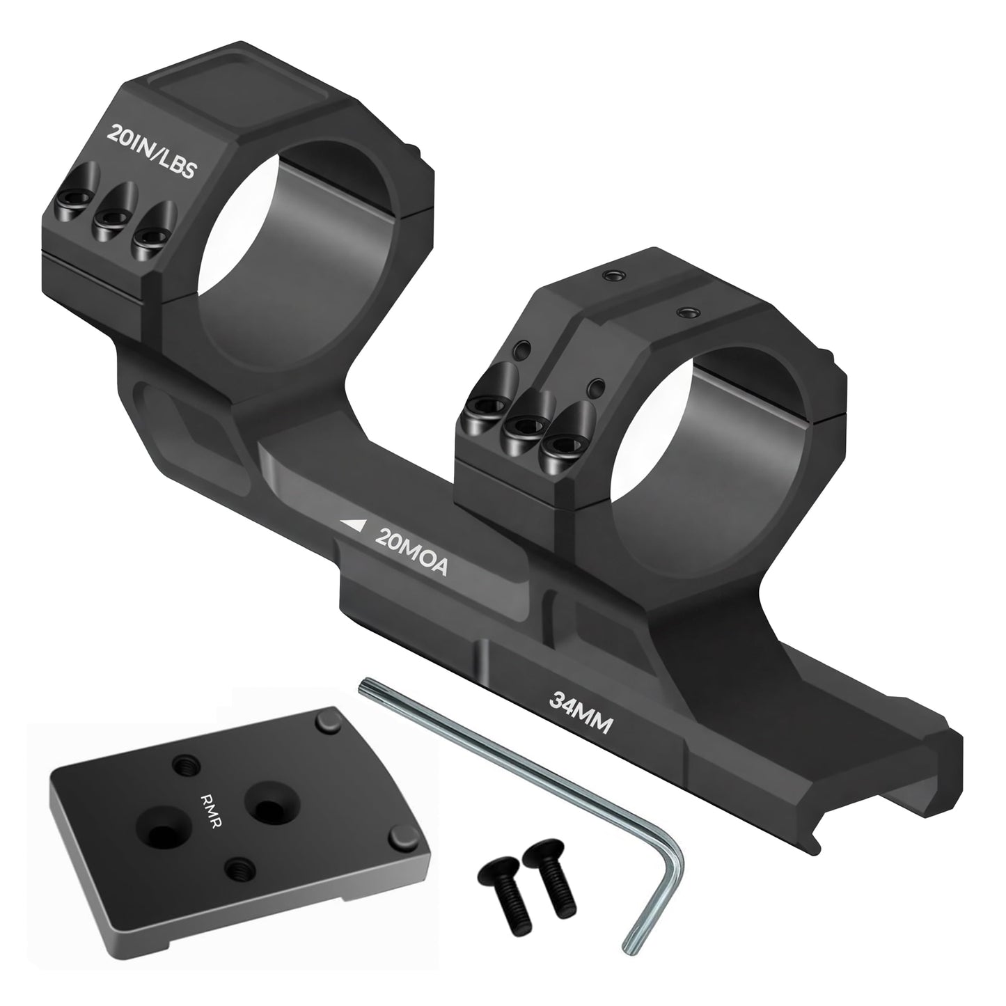 Gotical Tactical 34mm Tube 20MOA One Piece Ring Mount w/10:30, 12 o'clock, 1:30 Top Optic RMR Mount Plate, 1.57" Central Height, for 20mm Picatinny Rail
