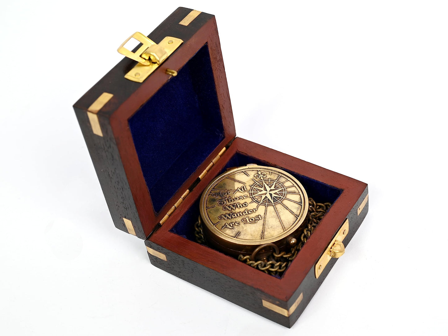 Brass Nautical - Not All Those Who Wander are Lost Brass Gift Embossed Compass with Wooden case, Graduation Day Baptism Communion Confirmation Day Motivational LOTR J.R.R. Tolkien (Wooden Box)