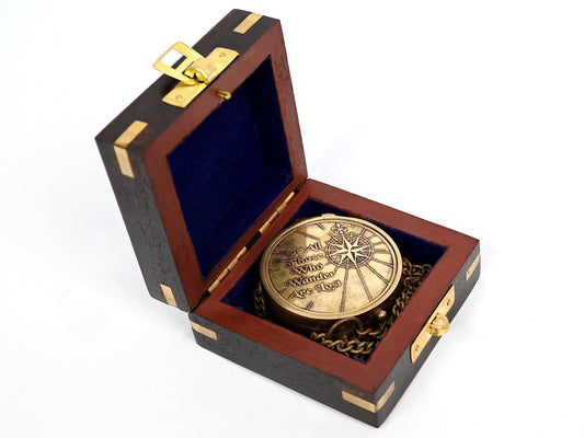 Brass Nautical - Not All Those Who Wander are Lost Brass Gift Embossed Compass with Wooden case, Graduation Day Baptism Communion Confirmation Day Motivational LOTR J.R.R. Tolkien (Wooden Box)