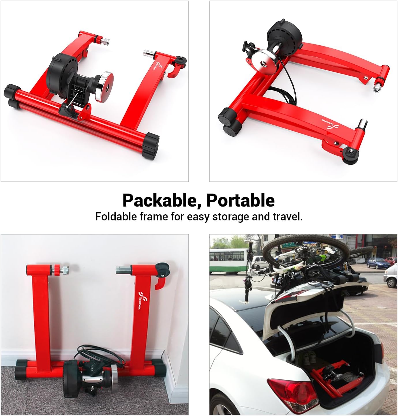 Sportneer Bike Trainer - Magnetic Stationary Bike Stand for 26-28" & 700C Wheels - Adjustable 6 Level Resistance Bike Trainer Stand for Indoor Riding with Quick Release Lever & Front Wheel Riser Block