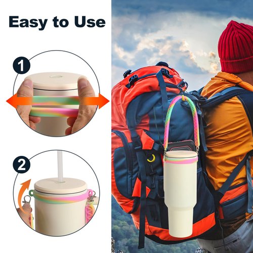 Hiiglxii Silicone Water Bottle Handle Strap for Stanley Cup Holder with Strap Tumbler Carrier Sling, Water Bottle Accessories Cup Handle Attachment for Most 8oz to 40oz Cups, Rainbow 2 Pack