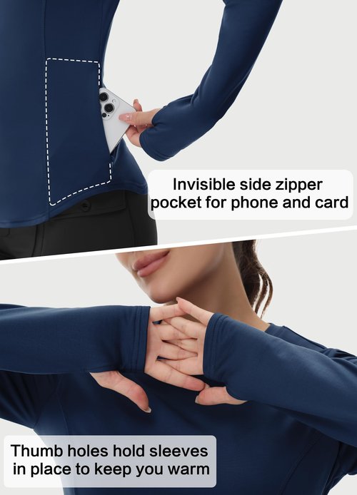 Thermal Shirts for Women Winter Running - Fleece Lined Long Sleeve Warm Tops Cold Weather Gear Thumbholes Zipper Pocket Navy