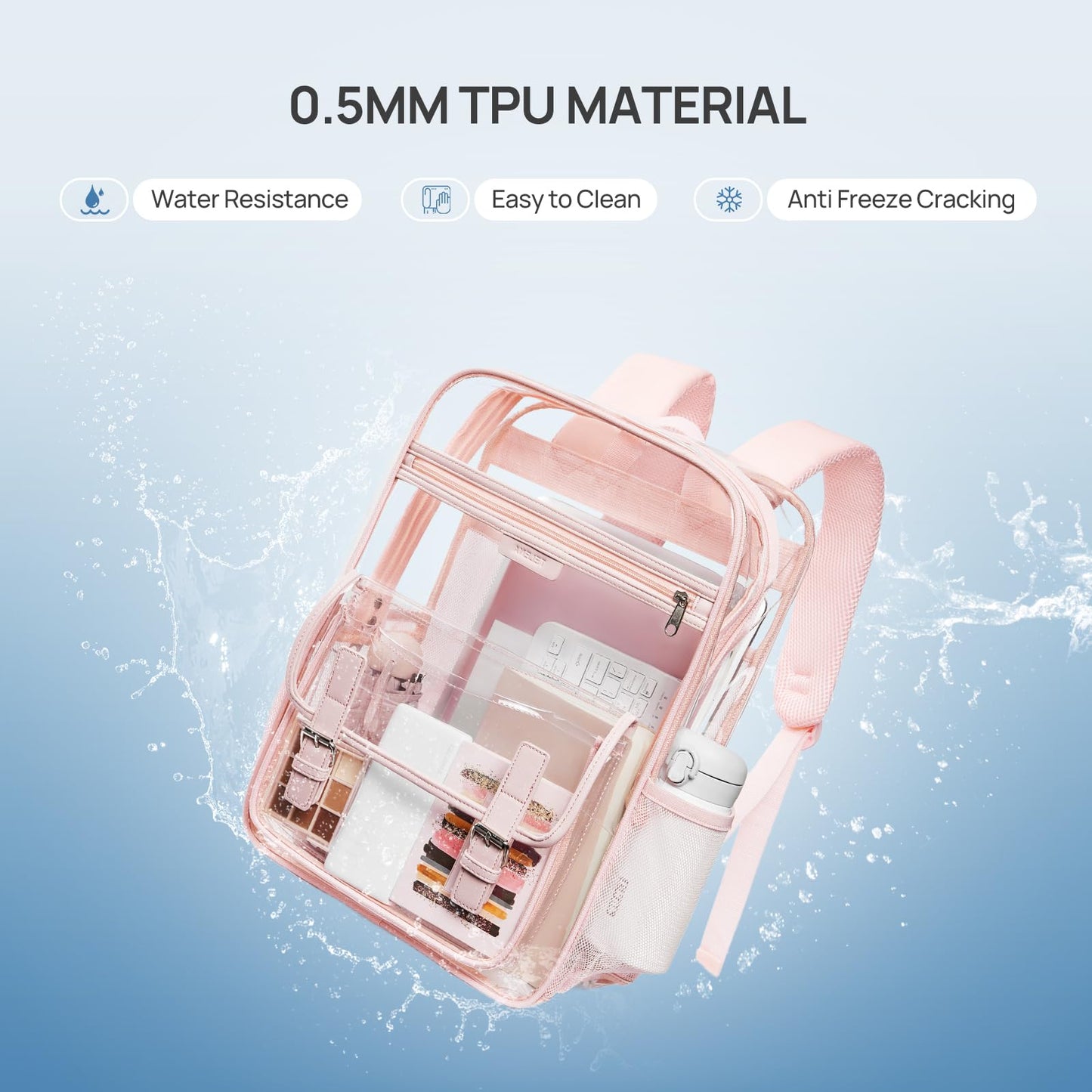 Telena Clear Backpack with Multi-pockets, Heavy Duty TPU Transparent Bag with Reinforced Straps, Large See Through Bookbag for College, Work - Pink