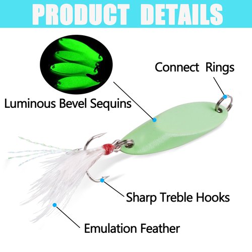 Spoon Lure Jigging Fishing Lures,6pcs Sinking Metal Luminous Spoon Lure Hard Bait Saltwater with Fishing Lure Treble Fishing Hooks for Salmon Bass Fishing Tackle Glow 7g-6pcs