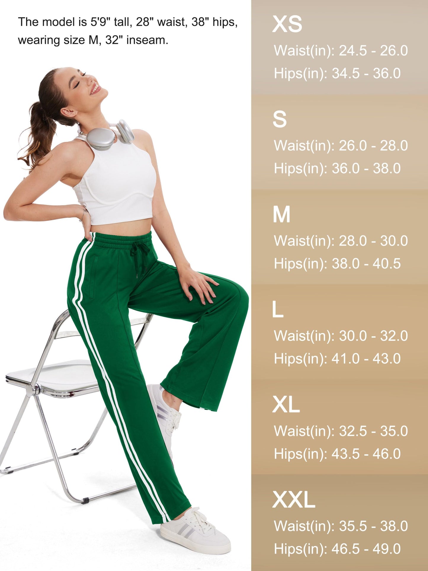 Tapata Women 30" Inseam Warm Up Track Pants Wide Leg Baggy Sweatpants Lightweight Side Stripe Ladies Slacks Workout, Green, L