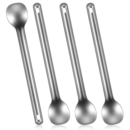 Hoolerry 4 Pieces Camping Spoon Long Handle Titanium Spoon Lightweight Ultralight Portable Flatware Soup Utensil for Outdoor Camping Backpacking Hiking Travel Picnic(Silver)