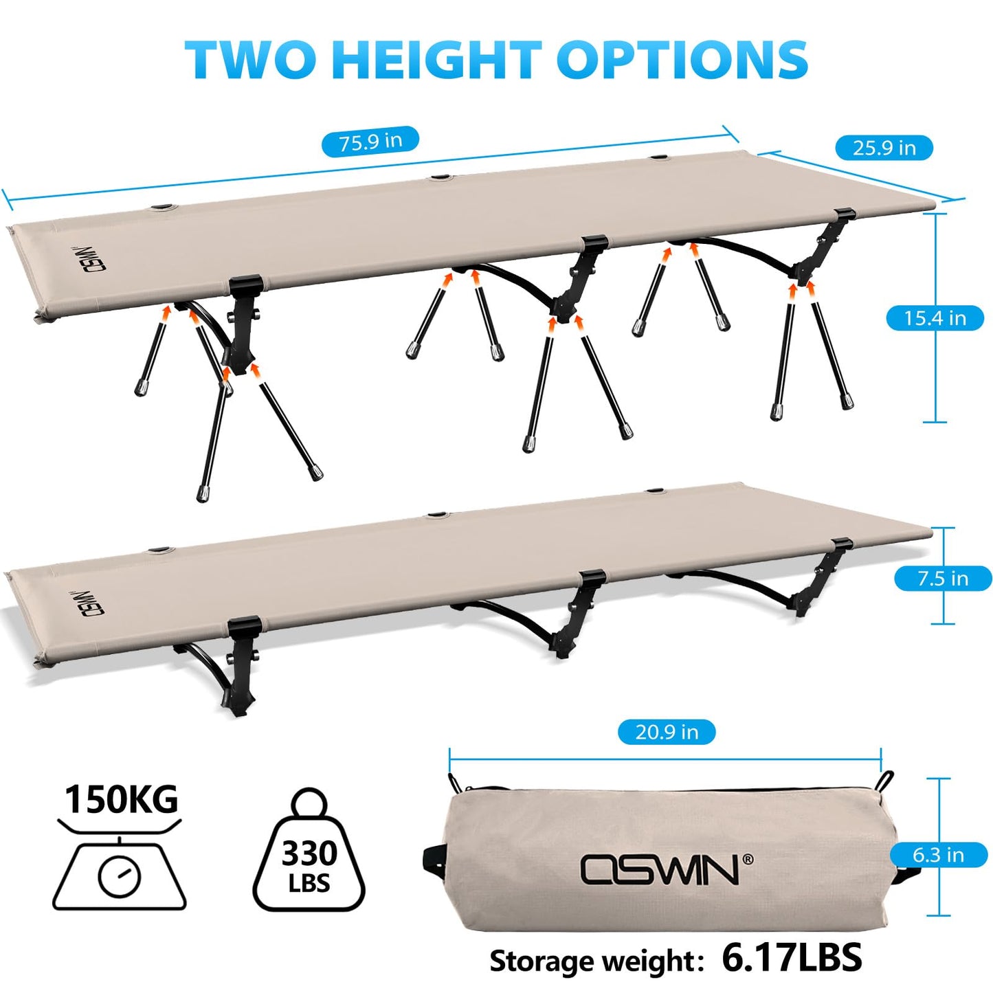 OSWIN Adult Backcountry Camping cot with Leg Extension, rollaway Camping cot, Ultralight Folding Backpack Bed, Support 330-pound, Portable Camping Bed Outdoor Hiking RV Beach（Khaki）