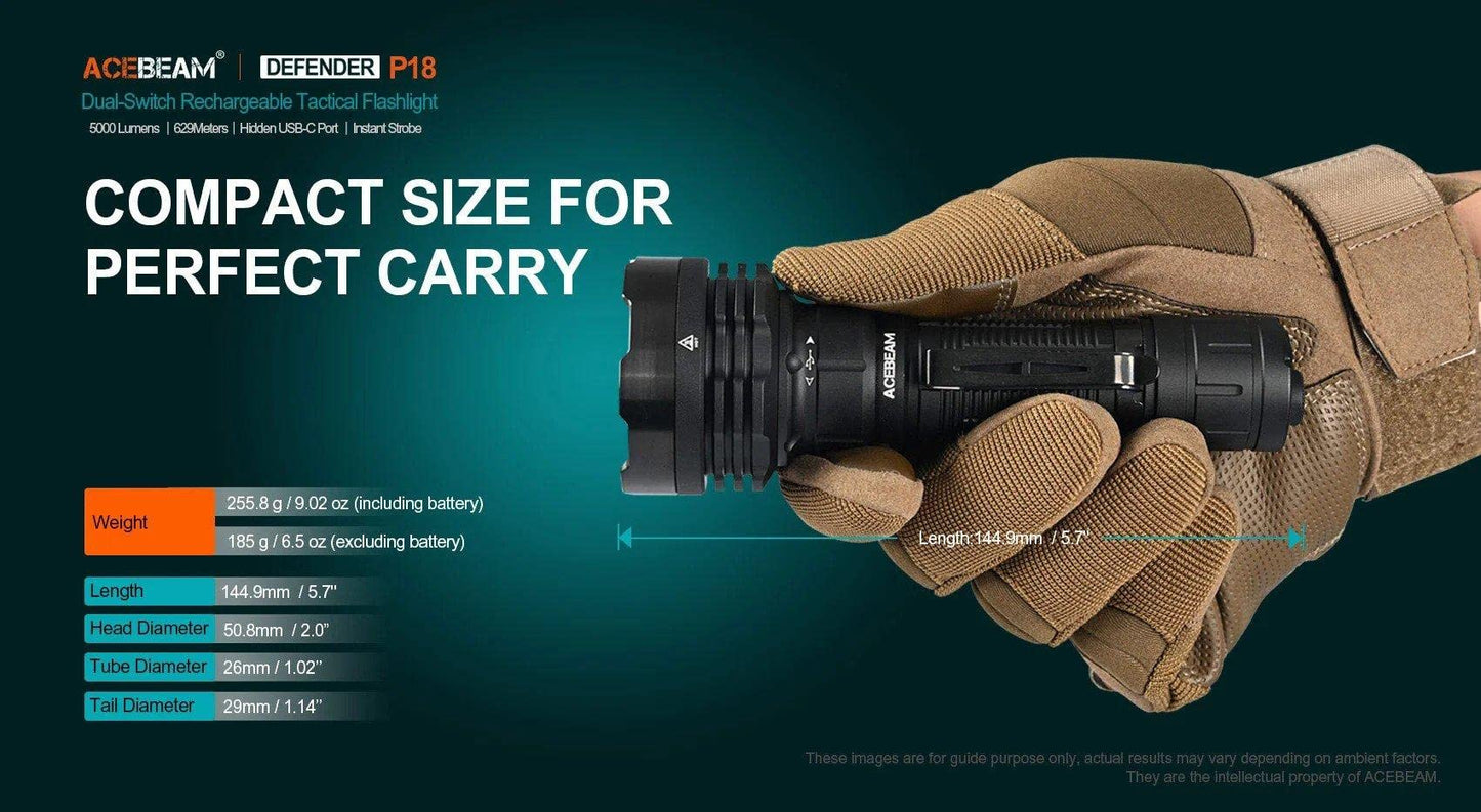 ACEBEAM Defender P18 Dual Switch Rechargeable Flashlight -5000 Lumens w/ Eco-Sensa USB C Charging Cable