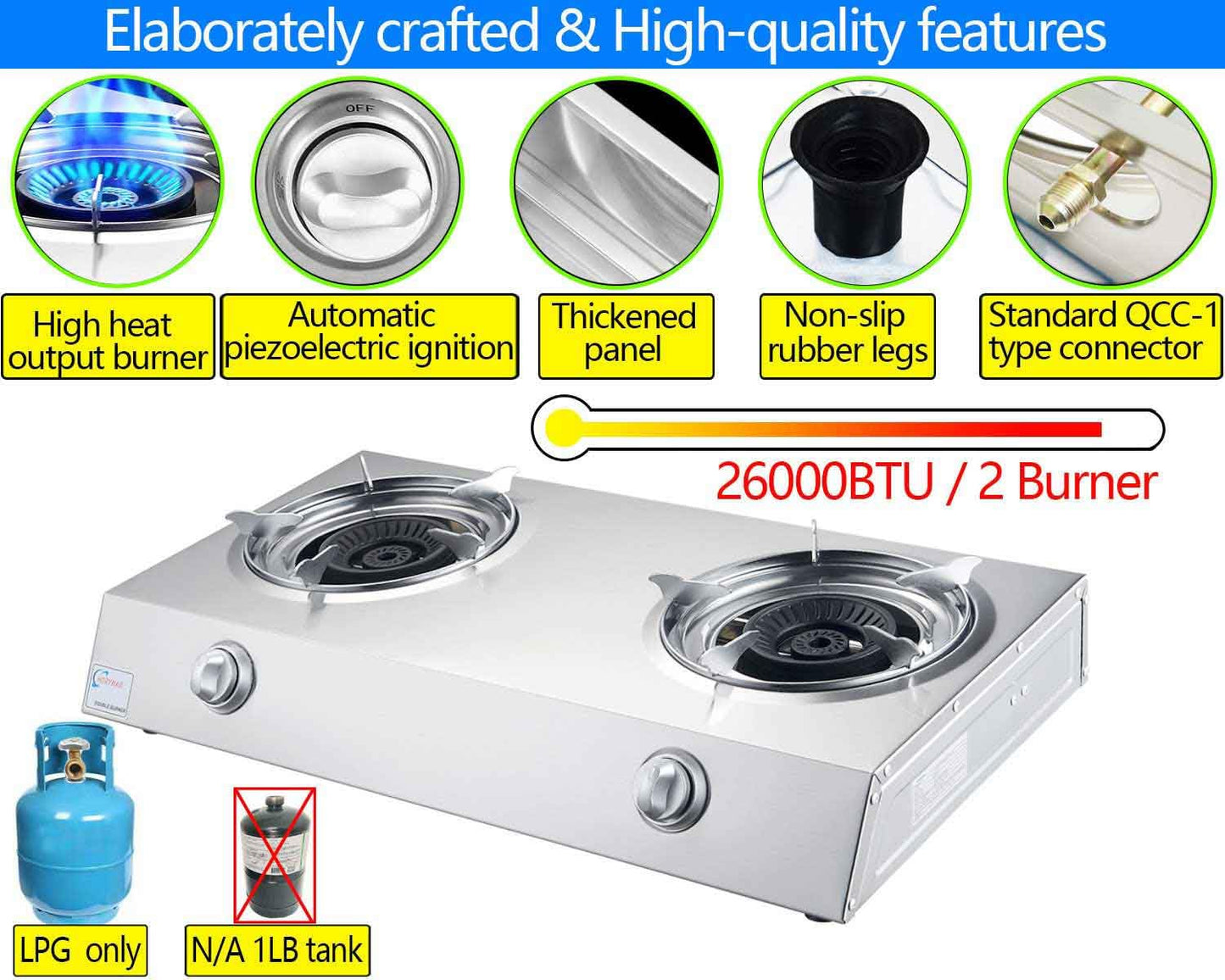 Horynar Propane Stove 2 Burner Auto Ignition Propane Burner 26000 BTU Gas Stove with CSA LPG Hose for Outdoor, Emergency