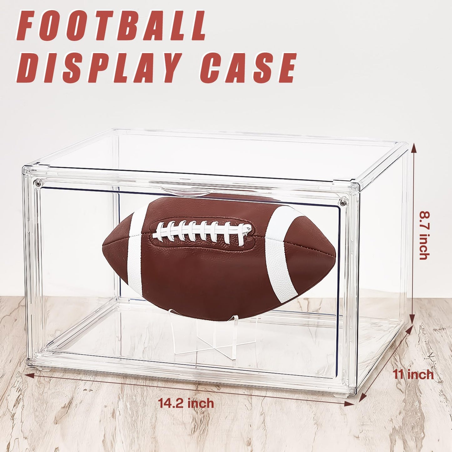 Thyle 4 Pack Football Display Case Full Size Clear Acrylic Stackable Box with Magnetic Door and UV Protection for Autographed Football Memorabilia Display