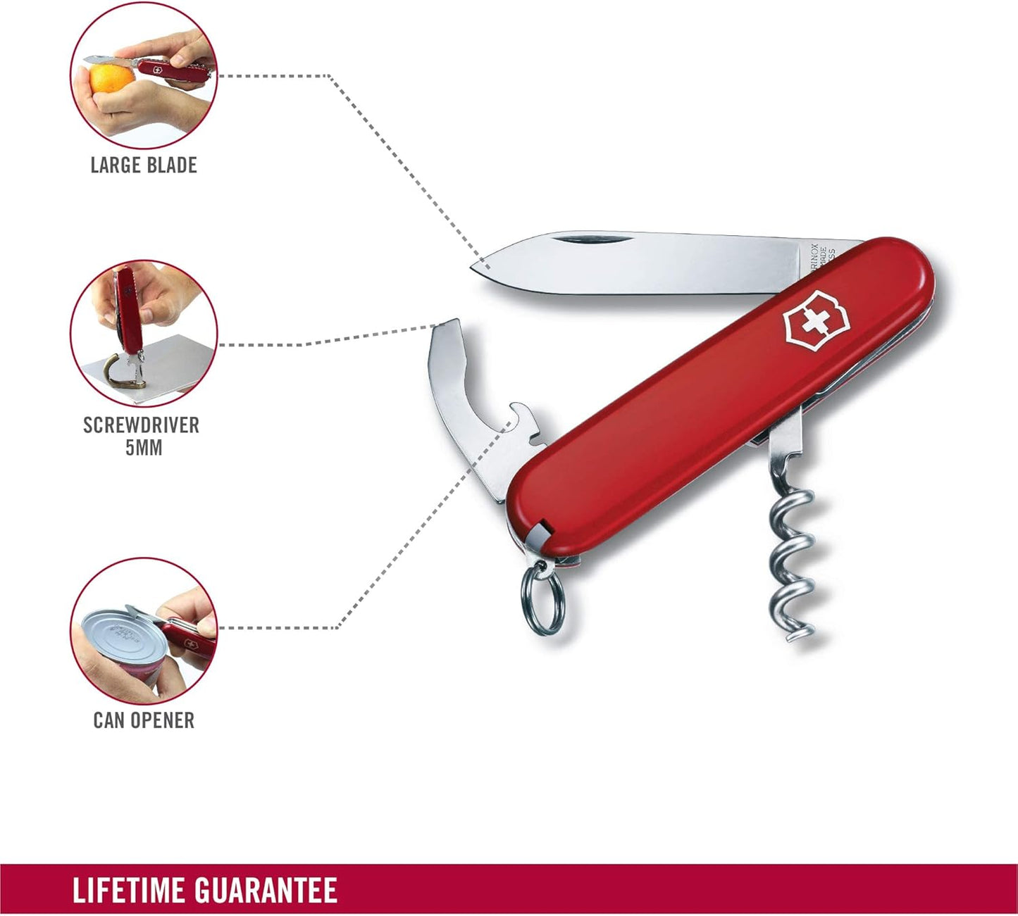 Victorinox Waiter Swiss Army Knife, 9 Function Swiss Made Pocket Knife with Large Blade, Corkscrew and Bottle Opener - Red