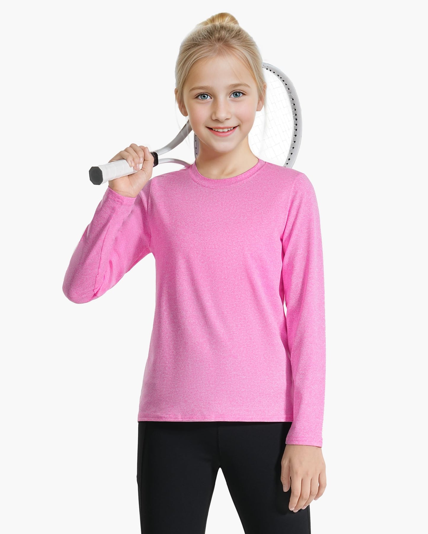 Auranso Girls Long Sleeve Shirts 3 Pack Dry Fit Athletic Tops Active Shirts for Girls Rose Pink-Light Grey-Light Blue 7-8 Years
