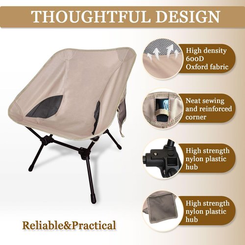 TOUTEK Compact Chairs Travel Chair Portable Camping Chair, Backpacking Chair with Anti Sinking Rubber Feet and Side Pockets, Adjustable Carrying 320bls Lightweight Camping Chair for Adult (Beige)