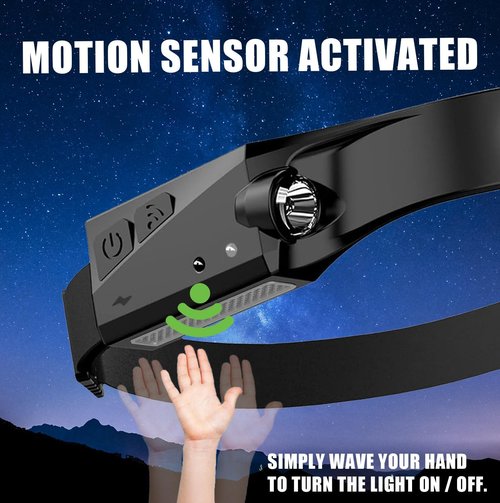 Grip XPE LED Headband Light - 220 Lumens - 5 Modes - 180 Degrees - Motion Sensor Activated - Water Resistant - Running, Camping, Hiking, Auto