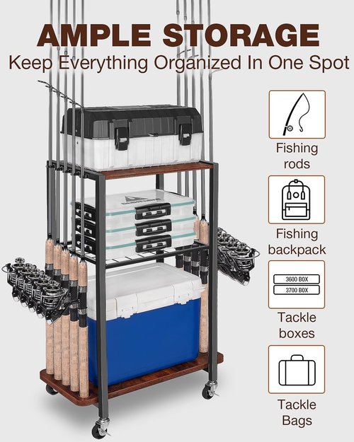 Ghosthorn Fishing Rod Holders for Garage Fishing Gear and equipment Rotating Tackle Storage Cart Pole Rod Rack Hold up to 10 Rods
