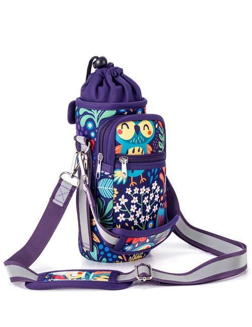 molshine Water Bottle Carrier Bag Holder with Phone Pocket Adjustable Strap for 25 32 40oz, Insulated Neoprene Cover Sleeve Sling Crossbody Bag for Walking Camping Hiking Travelling (Owl)