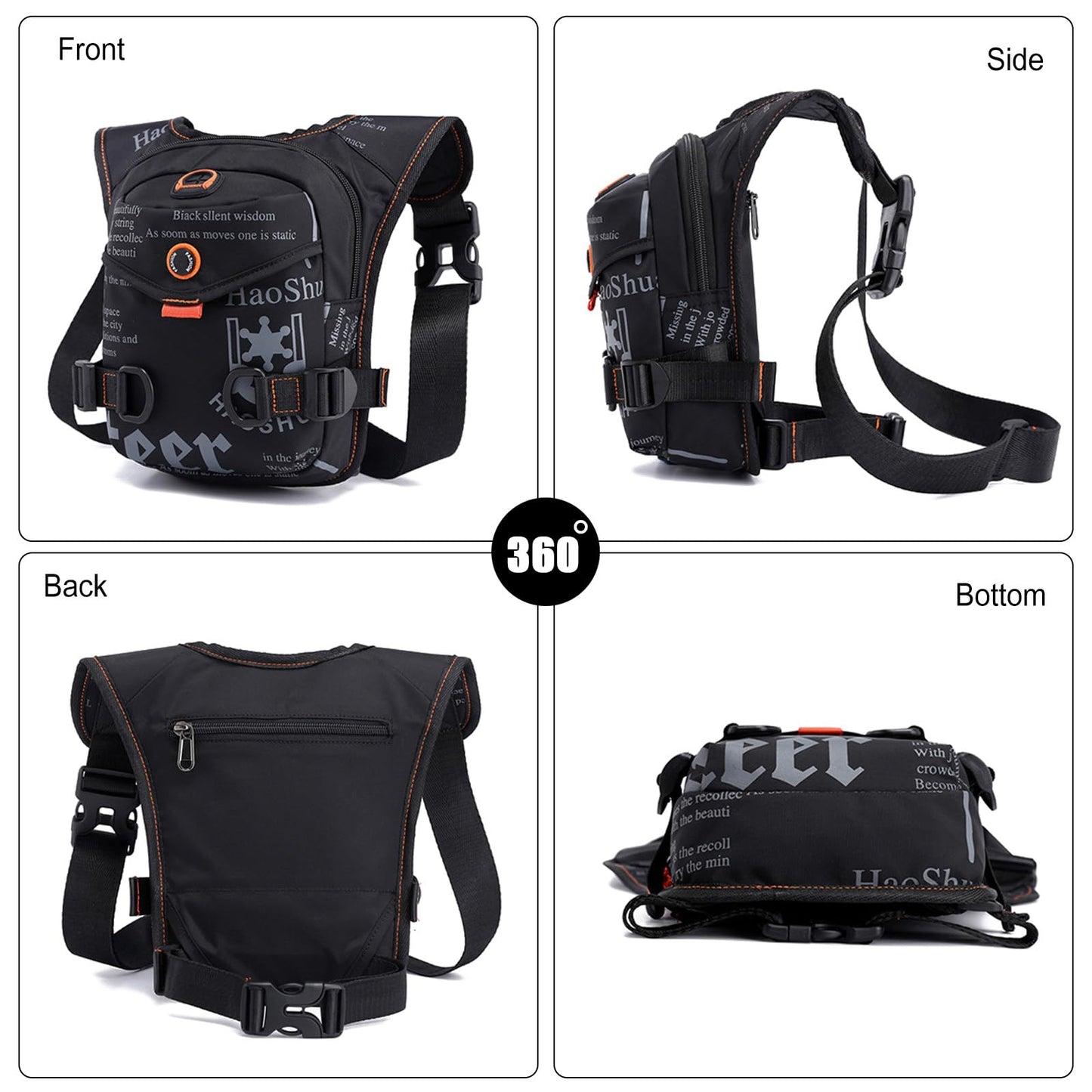 FANDARE Thigh Drop Leg Bag for Men Women with Leg Strap Waist Fanny Pack Bumbags Sling bag Motorcycle Chest Crossbody Cover Pack for Cycling Travel Outdoor Sport Gym Shoulder Bag Black