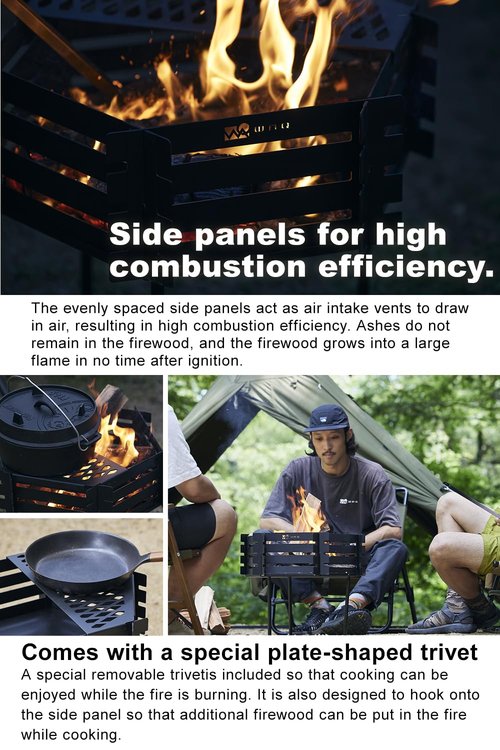 WAQ Bonfire Stand - Yagura - Wood-Burning Iron Stylish Compact Design with Grate Camp Bonfire Stand Folding Campfire Solo Family Camping