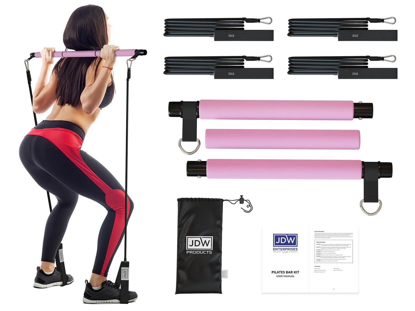 JDW Products Pilates Bar Kit | 2 Standard & 2 Strong Bands for Full-Body Workout | Storage Bag Included | Fitness Equipment for Home Gym, Yoga