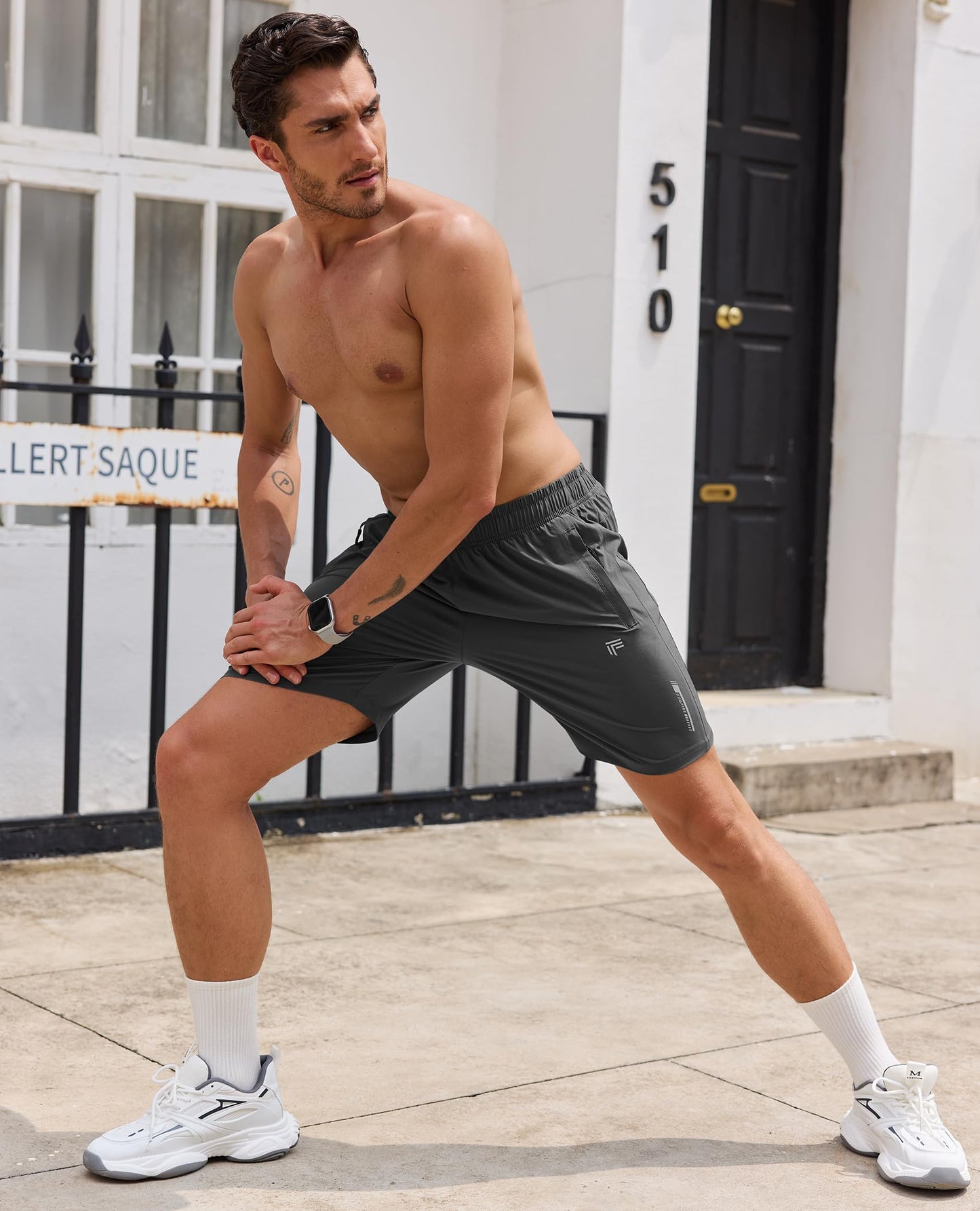 FOGFIRE Men's Athletic Running Shorts with Zipper Pockets Quick Dry Drawstring 7" Gym Shorts for Basketball Workout Jogging-Dark Grey