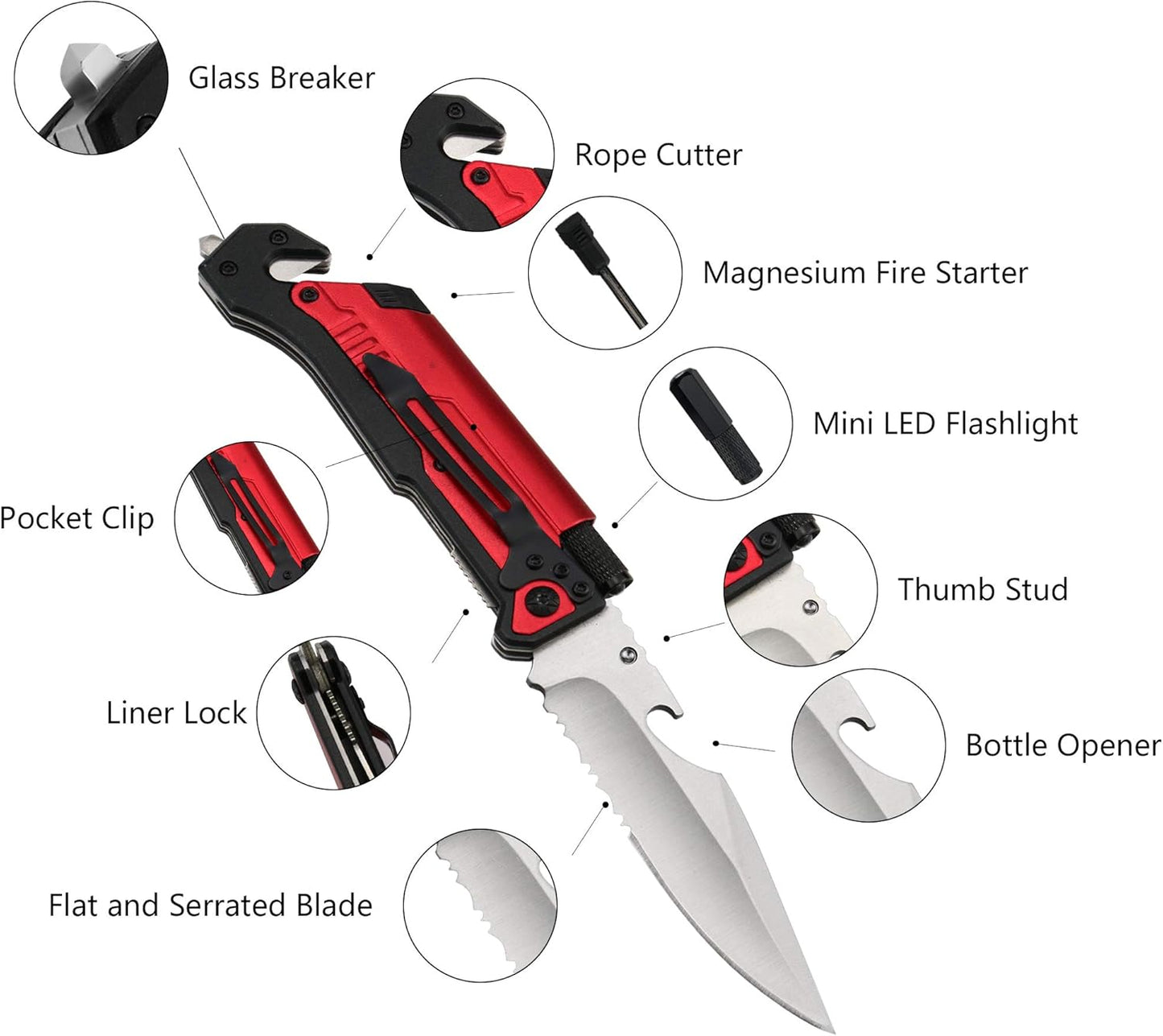 ALBATROSS 6-in-1 Survival Tactical Military Folding Pocket Knives with LED Light,Seatbelt Cutter,Glass Breaker,Magnesium Fire Starter,Bottle Opener;Multi-Function Emergency Tool(Black)