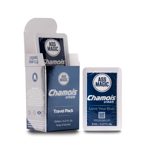 ASS MAGIC Chamois Cream Travel Pack | 10 x 8ml Snap-it Sachets | Anti-Chafing for Cyclists | Lanolin & Beeswax Formula | Long Lasting Ride Comfort Cream | Travel Essential