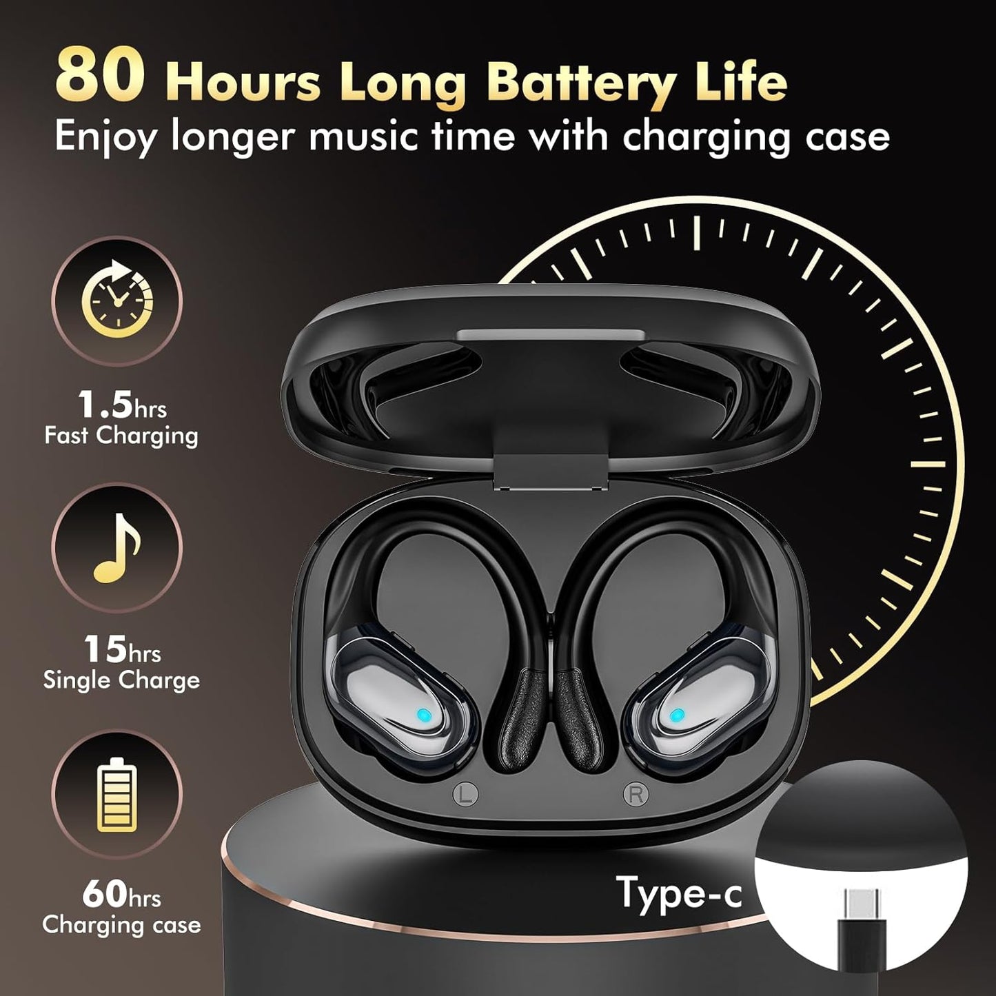 Wireless Earbuds, Sports Bluetooth Headphones, 80Hrs Playtime Ear Buds with LED Power Display, Noise Canceling Headset, IPX7 Waterproof Earphones for Workout/Running Black