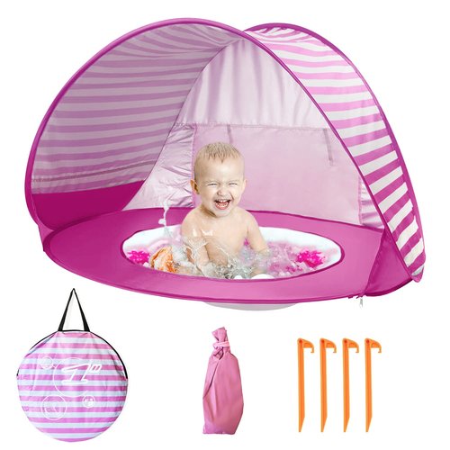 Baby Beach Tent with Pool, UPF 50+ Beach Sun Shelter Outdoor Tent for Aged 36 Months Baby and Kids, Parks and Beach Shade Portable Mini Pool Pink