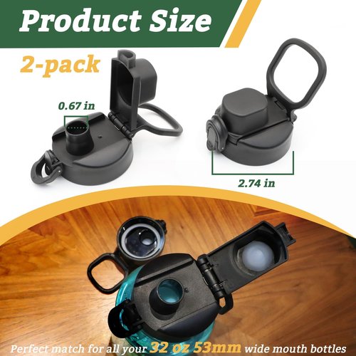 LUTQ 2 Pack Auto Flip Lid Replacement for Nalgene 32 oz 53mm Wide Mouth Bottles, 32 oz Wide Mouth Lid for Nalgene Accessories, Replacement Cap with Handle, Black