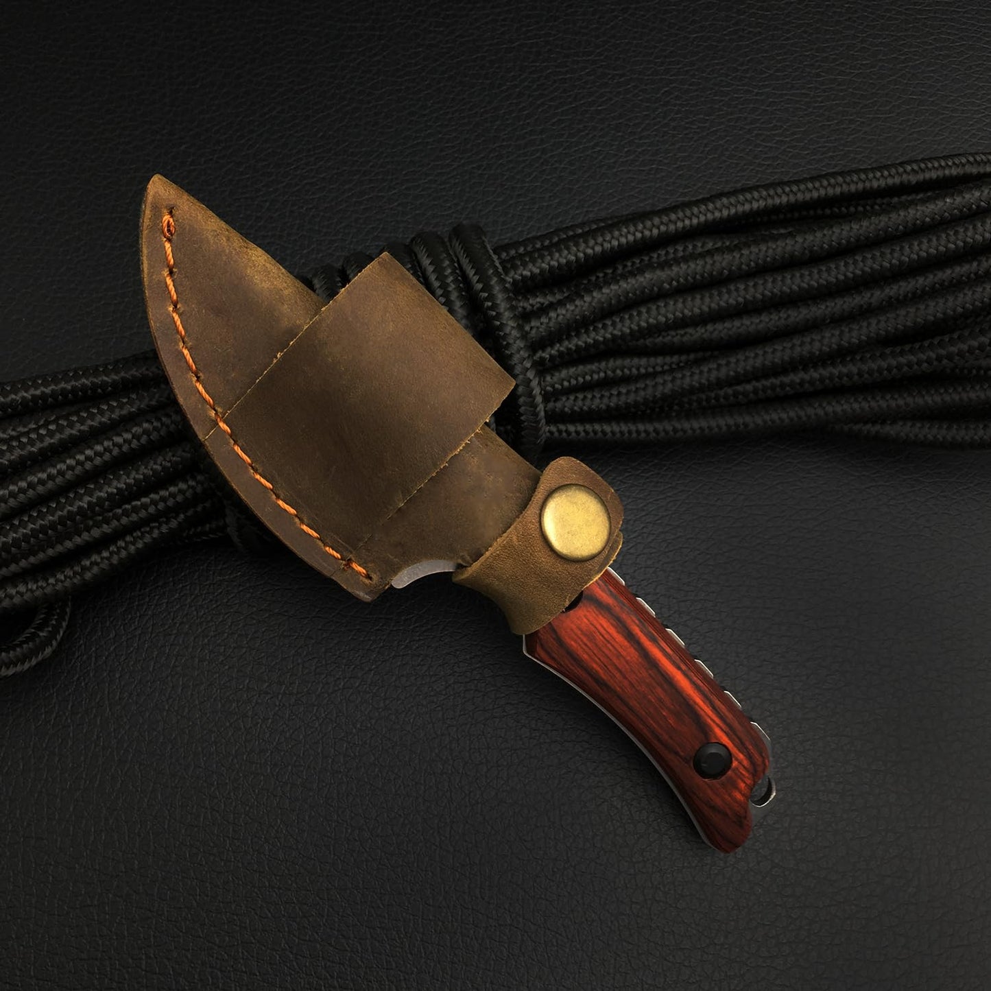 6.3 Inches Fixed Blade Knife with Leather Sheath, 8Cr13Mov Blade, Full Tang Wood Handle, EDC Camping Hunting Knife for Men