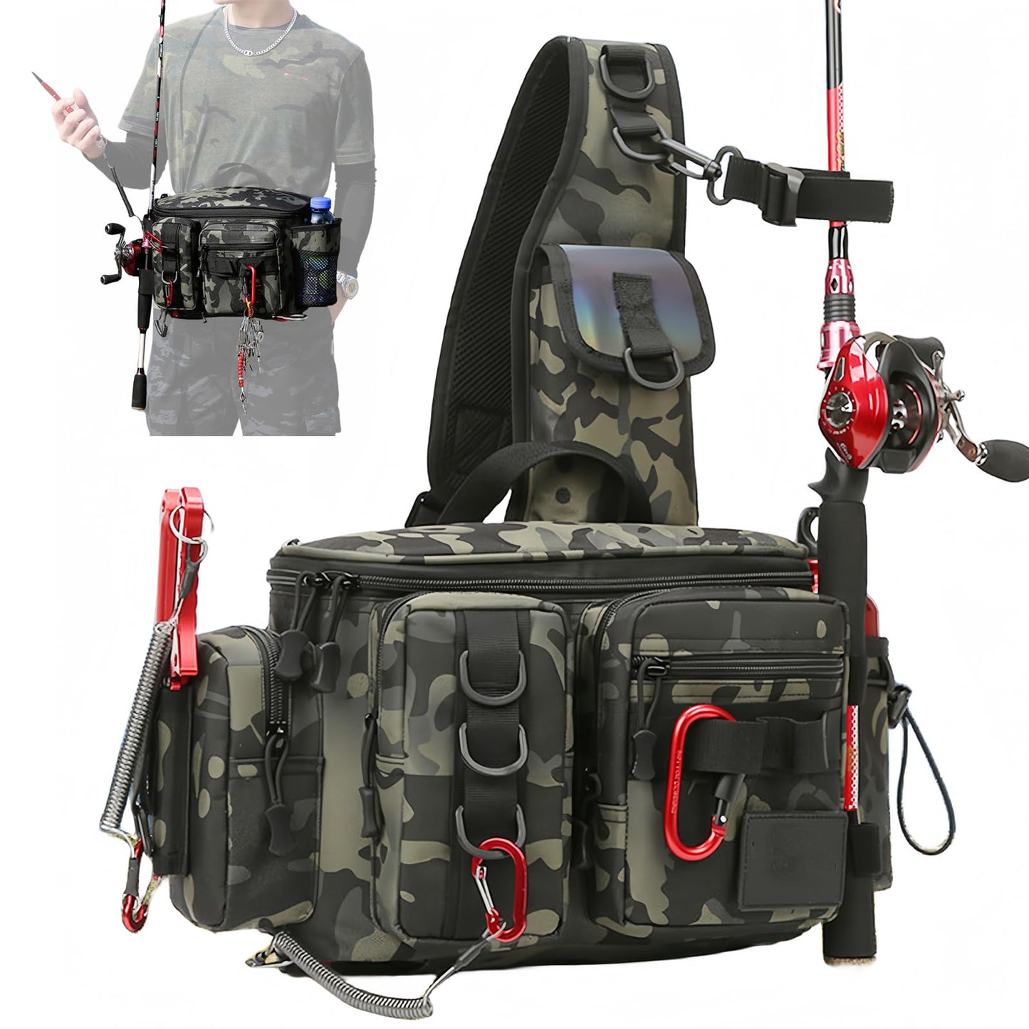 Fishing Tackle Backpack Fishing Fanny Pack Crossbody Bag Fishing Tackle Box Organizer with Rod & Gear Holder, Ideal for Fishing, Camping, Hiking and More!-YIANTU