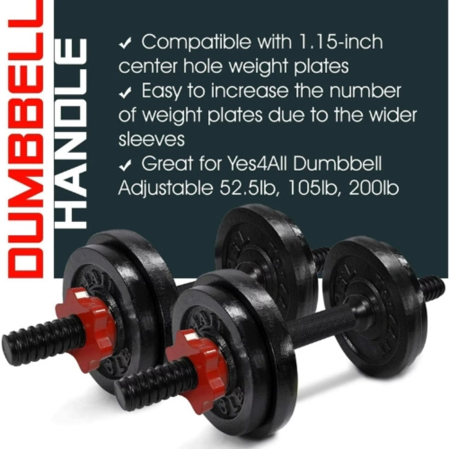 Yes4All Pair of Threaded Dumbbell Handles 14/16/18/24 inch, Chrome/Rubber Grip, Fit 1” Plates, Weight Bar Connector