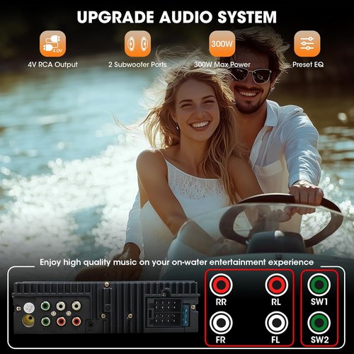 Bluetooth Marine Stereo Single Din - Boat Radio Receiver - Digital LCD Screen AM FM USB 2.1 A Charging AUX-in 4 Volts Preamp Outputs 2 Subwoofer Ports Remote Control